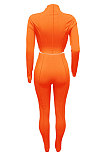 Orange Women Autumn Mid High Collar Ribber Solid Color Bodycon High Waist Pants Sets Q959-3