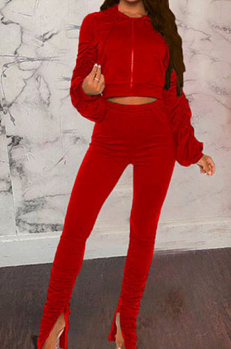Green Wholesale Velvet Ruffle Sleeve Zip Front Hooded Coat Slit Pants Sport Sets YMT6234-1