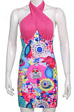 Red Women Printing Spliced Backless Solid Color Cross Hallter Neck Hip Mini Dress HLR17939