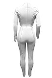 Light Blue Women Autumn Mid High Collar Ribber Solid Color Bodycon High Waist Pants Sets Q959-5
