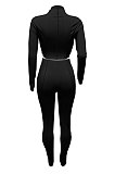 Pink Women Autumn Mid High Collar Ribber Solid Color Bodycon High Waist Pants Sets Q959-2