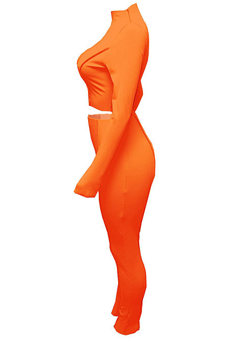 Orange Women Autumn Mid High Collar Ribber Solid Color Bodycon High Waist Pants Sets Q959-3