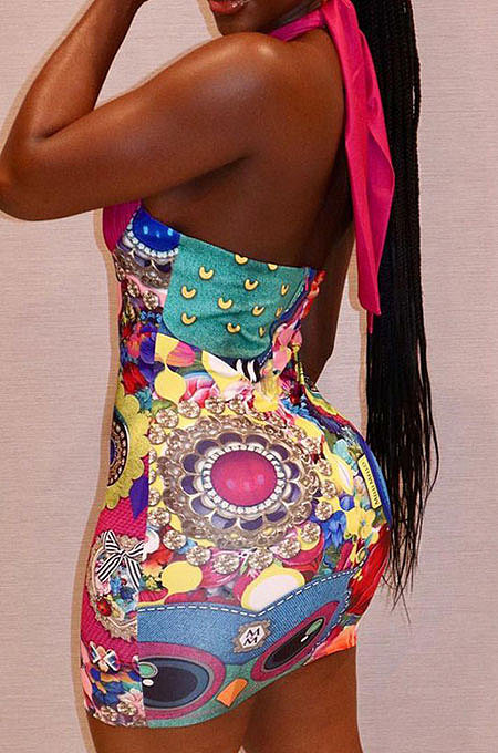 Red Women Printing Spliced Backless Solid Color Cross Hallter Neck Hip Mini Dress HLR17939