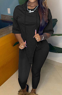 Black Cute Irregularity Short Sleeve Hoodie Pencil Pants Sport Sets YC8050-2