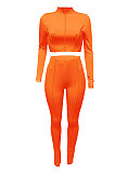 Orange Women Autumn Mid High Collar Ribber Solid Color Bodycon High Waist Pants Sets Q959-3