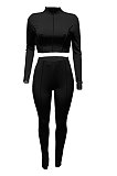 Orange Women Autumn Mid High Collar Ribber Solid Color Bodycon High Waist Pants Sets Q959-3