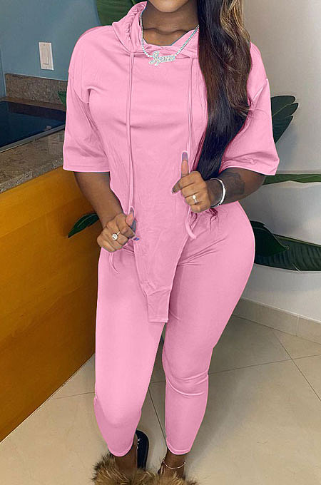 Pink Cute Irregularity Short Sleeve Hoodie Pencil Pants Sport Sets YC8050-3