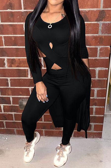 Black Long Sleeve Round Neck Hollow Out Overlay Tops Pencil Pants Solid Color Sets YNS1609-1