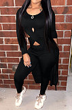 Blue Long Sleeve Round Neck Hollow Out Overlay Tops Pencil Pants Solid Color Sets YNS1609-3