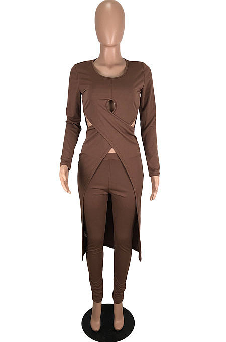 Black Long Sleeve Round Neck Hollow Out Overlay Tops Pencil Pants Solid Color Sets YNS1609-1