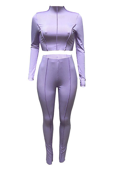 Black Women Autumn Mid High Collar Ribber Solid Color Bodycon High Waist Pants Sets Q959-4