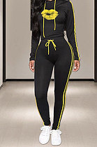 Yellow Side Stripe Lips Print Long Sleeve Hoodie Sweat Pants Casual Sets YMT6233-3