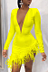 Feather Hem V Neck Dress in Yellow