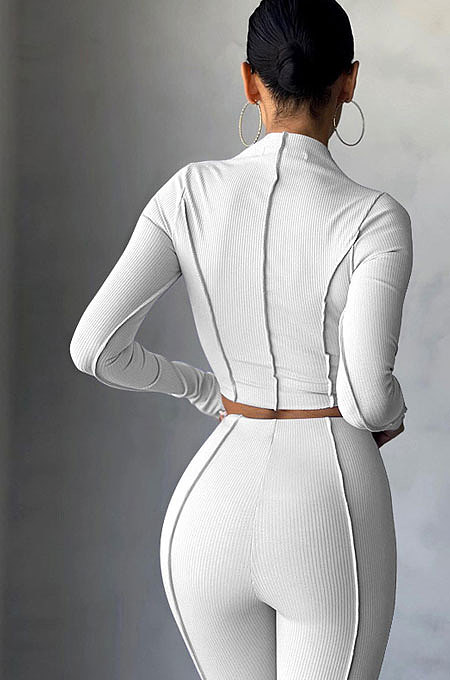 Black Women Autumn Mid High Collar Ribber Solid Color Bodycon High Waist Pants Sets Q959-4