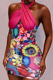 Red Women Printing Spliced Backless Solid Color Cross Hallter Neck Hip Mini Dress HLR17939