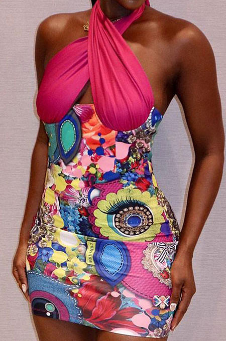 Red Women Printing Spliced Backless Solid Color Cross Hallter Neck Hip Mini Dress HLR17939