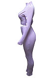 White Women Autumn Mid High Collar Ribber Solid Color Bodycon High Waist Pants Sets Q959-1
