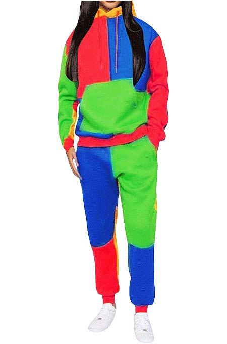 Green Newest Spliced Long Sleeve Hoodie Sweat Pants Two-Piece YMT6186-3