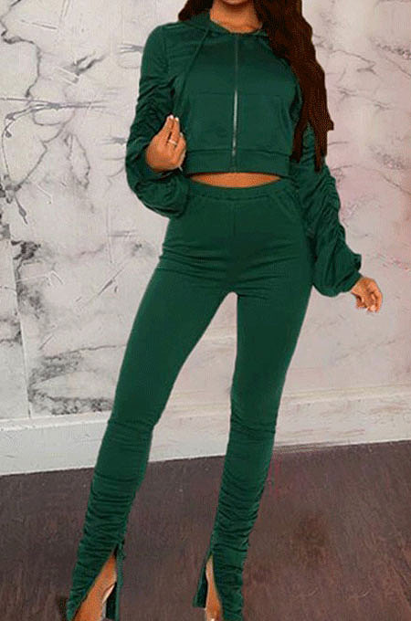 Green Wholesale Velvet Ruffle Sleeve Zip Front Hooded Coat Slit Pants Sport Sets YMT6234-1
