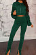 Green Wholesale Velvet Ruffle Sleeve Zip Front Hooded Coat Slit Pants Sport Sets YMT6234-1