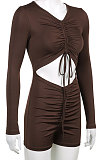 Brown Women Pure Color Sport Casual Drawsting Hollow Out Tied Long Sleeve Romper Shorts HLR16288