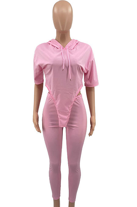 Pink Cute Irregularity Short Sleeve Hoodie Pencil Pants Sport Sets YC8050-3