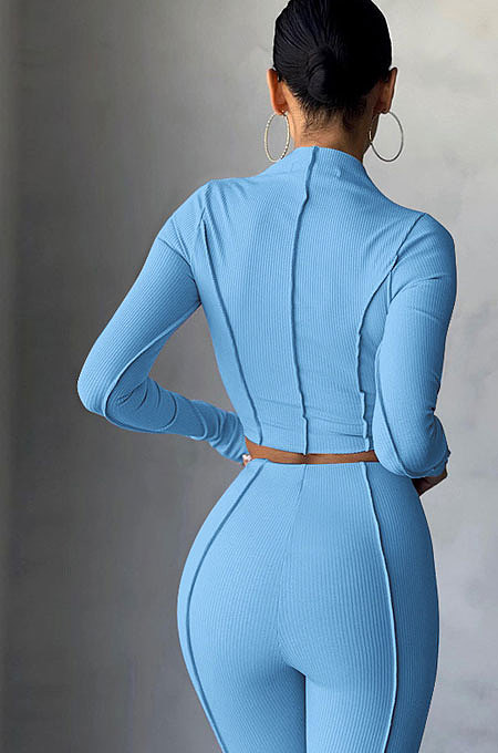 Orange Women Autumn Mid High Collar Ribber Solid Color Bodycon High Waist Pants Sets Q959-3