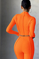 Orange Women Autumn Mid High Collar Ribber Solid Color Bodycon High Waist Pants Sets Q959-3