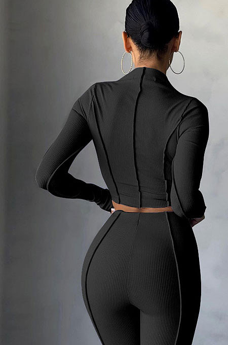 Orange Women Autumn Mid High Collar Ribber Solid Color Bodycon High Waist Pants Sets Q959-3