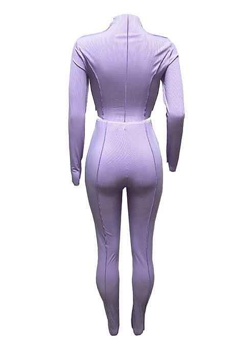 Pink Women Autumn Mid High Collar Ribber Solid Color Bodycon High Waist Pants Sets Q959-2