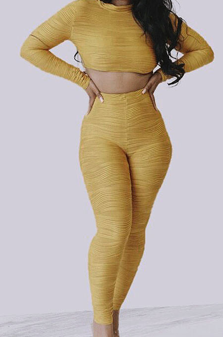 Yellow Simple Long Sleeve Round Neck Crop Top Pencil Pants Ruffle Solid Color Sets YMT6236-3
