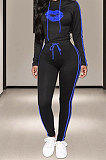 Yellow Side Stripe Lips Print Long Sleeve Hoodie Sweat Pants Casual Sets YMT6233-3
