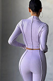 Purple Women Autumn Mid High Collar Ribber Solid Color Bodycon High Waist Pants Sets Q959-6