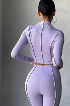 Purple Women Autumn Mid High Collar Ribber Solid Color Bodycon High Waist Pants Sets Q959-6