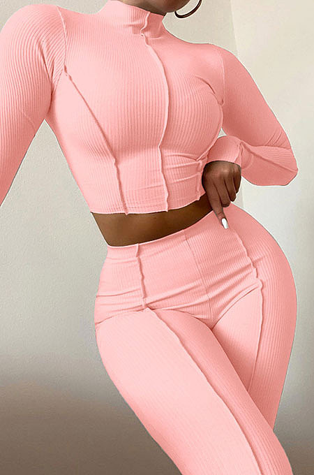 White Women Autumn Mid High Collar Ribber Solid Color Bodycon High Waist Pants Sets Q959-1