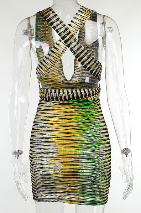 Green Euramerican Hip Sleeveless Tight Sexy Dew Chest Backless Bandage Mini Dress FLY21235-3
