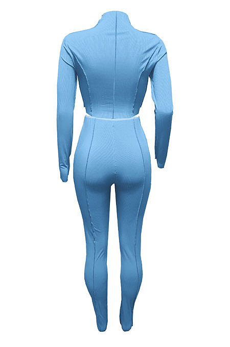 Orange Women Autumn Mid High Collar Ribber Solid Color Bodycon High Waist Pants Sets Q959-3