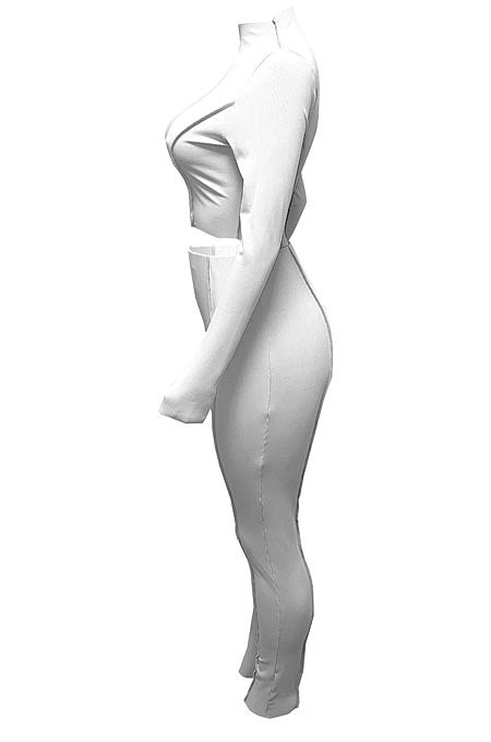 White Women Autumn Mid High Collar Ribber Solid Color Bodycon High Waist Pants Sets Q959-1