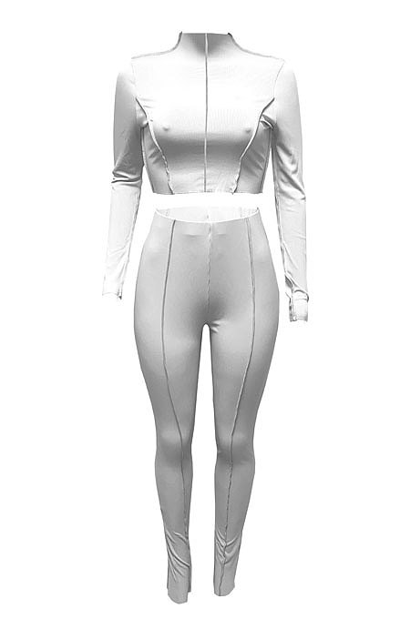 White Women Autumn Mid High Collar Ribber Solid Color Bodycon High Waist Pants Sets Q959-1