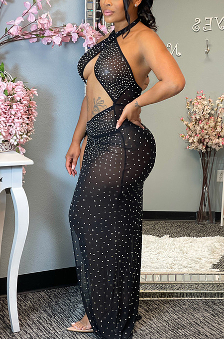 White Sexy Night Club Hot Drilling Crystal Mesh See Through Long Dress XZ5326-2