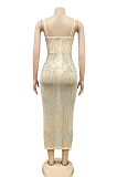 Apricot Spaghetti Strap See Throgh Mesh Hot Drilling Club Dress XZ3805-4