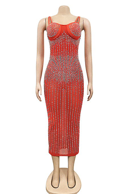 Red Spaghetti Strap See Throgh Mesh Hot Drilling Club Dress XZ3805-2