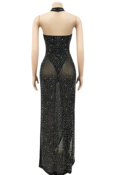 White Sexy Night Club Hot Drilling Crystal Mesh See Through Long Dress XZ5326-2