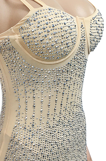 Apricot Spaghetti Strap See Throgh Mesh Hot Drilling Club Dress XZ3805-4