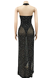 Apricot Sexy Night Club Hot Drilling Crystal Mesh See Through Long Dress XZ5326-4