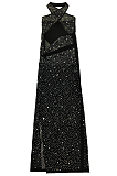 Apricot Sexy Night Club Hot Drilling Crystal Mesh See Through Long Dress XZ5326-4