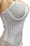 White Spaghetti Strap See Throgh Mesh Hot Drilling Club Dress XZ3805-3