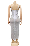 White Spaghetti Strap See Throgh Mesh Hot Drilling Club Dress XZ3805-3