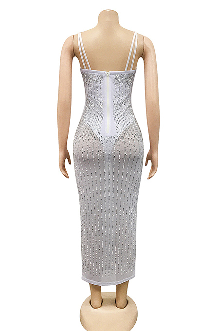 White Spaghetti Strap See Throgh Mesh Hot Drilling Club Dress XZ3805-3