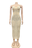 Apricot Spaghetti Strap See Throgh Mesh Hot Drilling Club Dress XZ3805-4